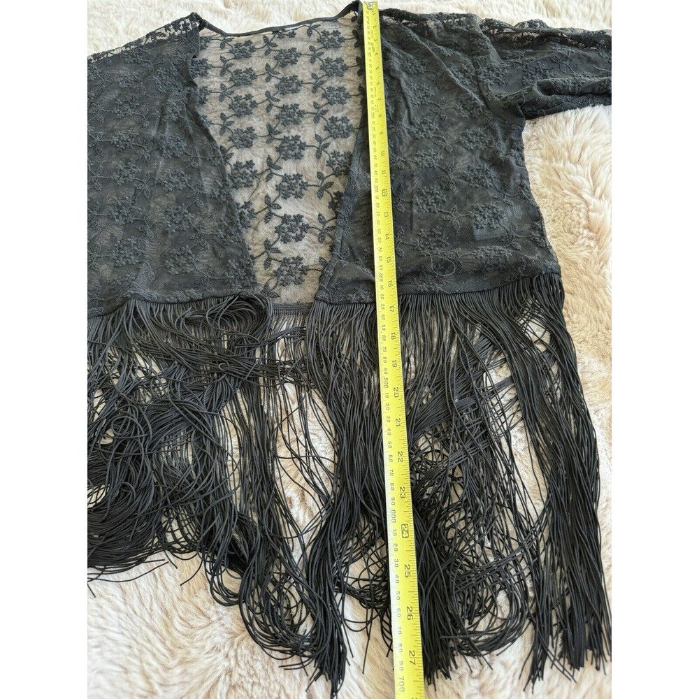 H&M Floral Embroidered Black Mesh Sheer Fringe Boho Kimono Poncho Whimsigoth - Picture 7 of 7
